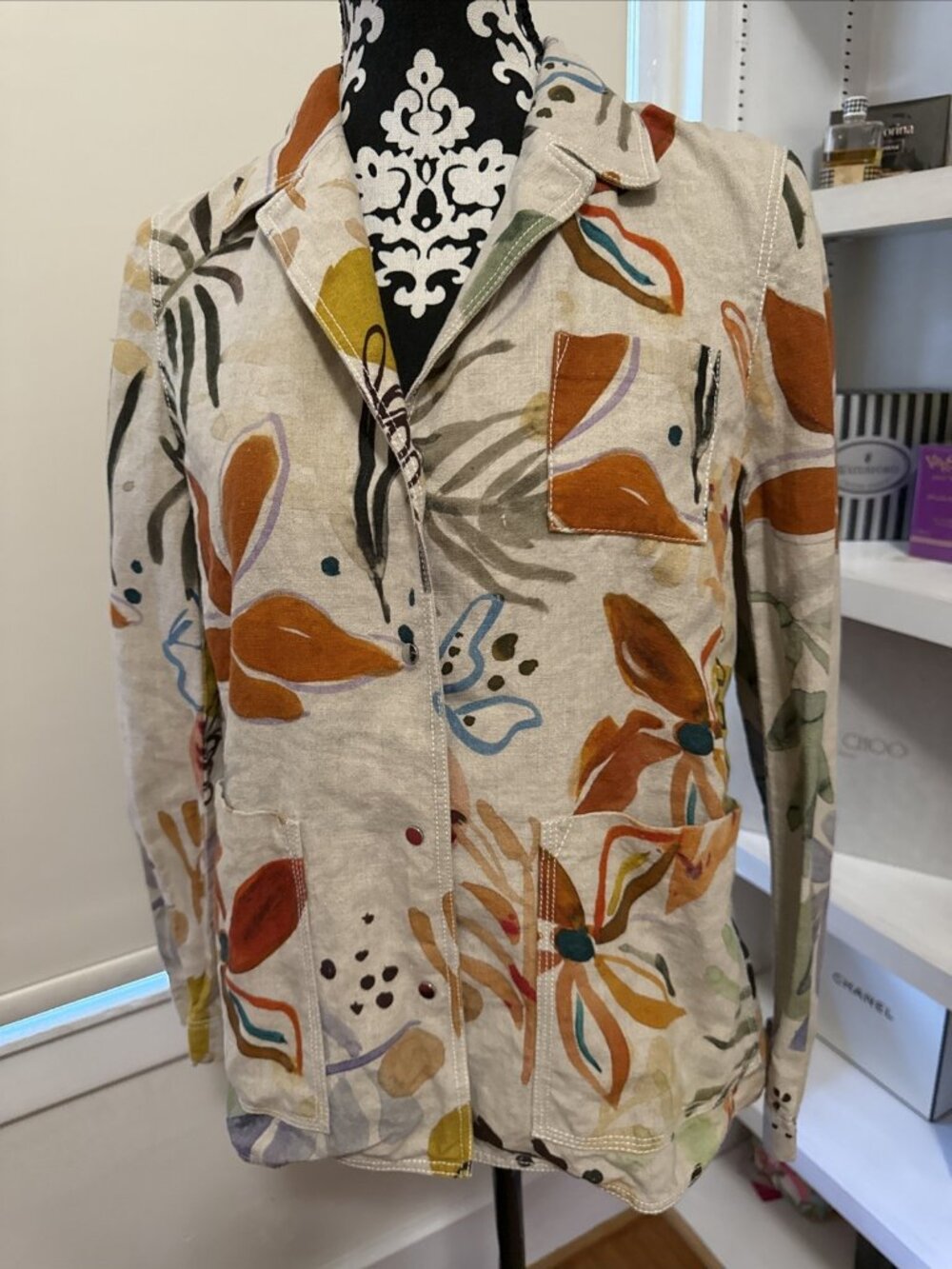 LAFAYETTE 148 NEW YORK 100% LINEN FLORAL LEAFS PRINT JACKET SIZE Small Classic